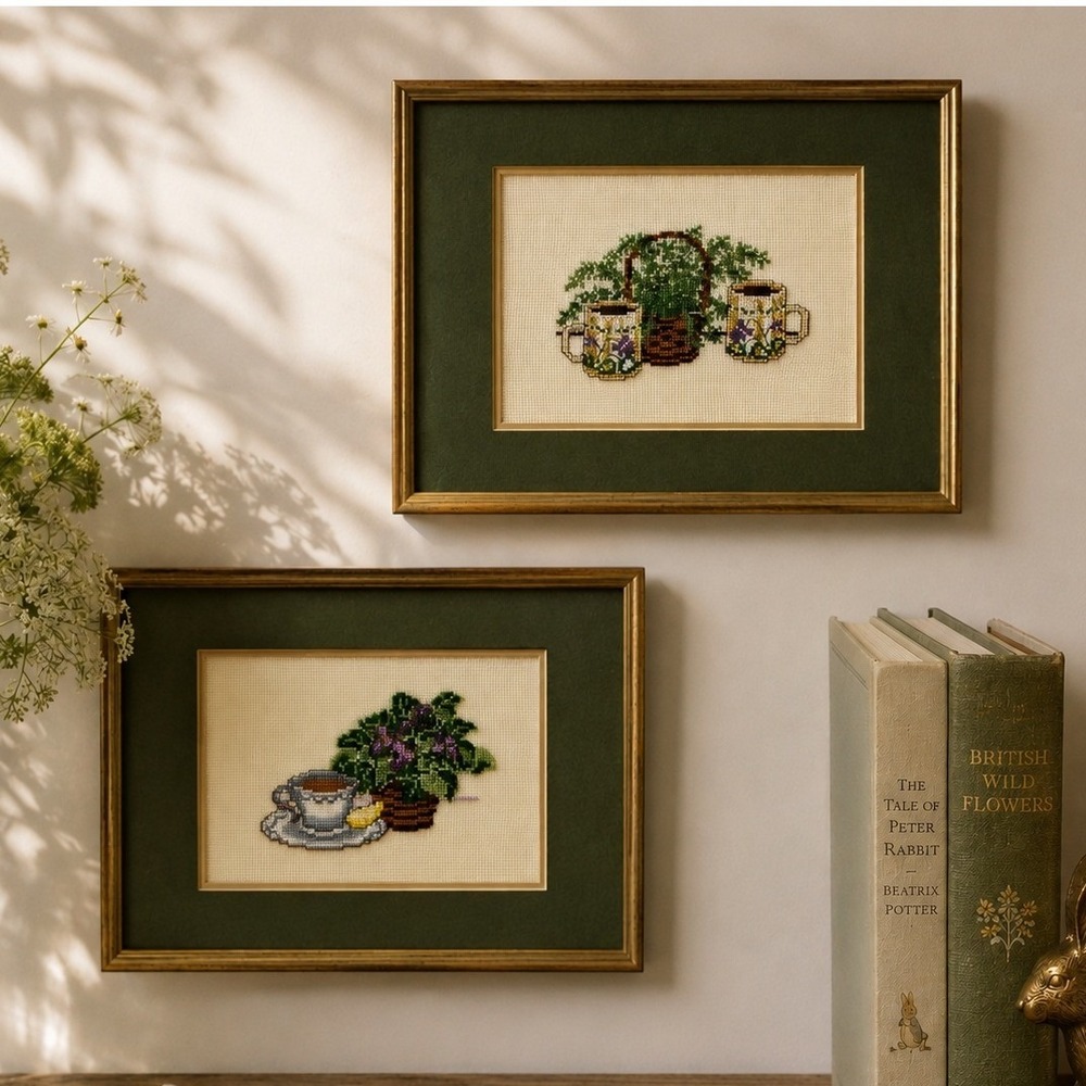 Vintage Tea Party Floral Needlepoint Matted Art Set 8x10 Cottagecore Embroidery